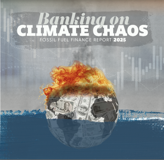 Banking on Climate Chaos 2025; Cover: burning planet swimming in the sea